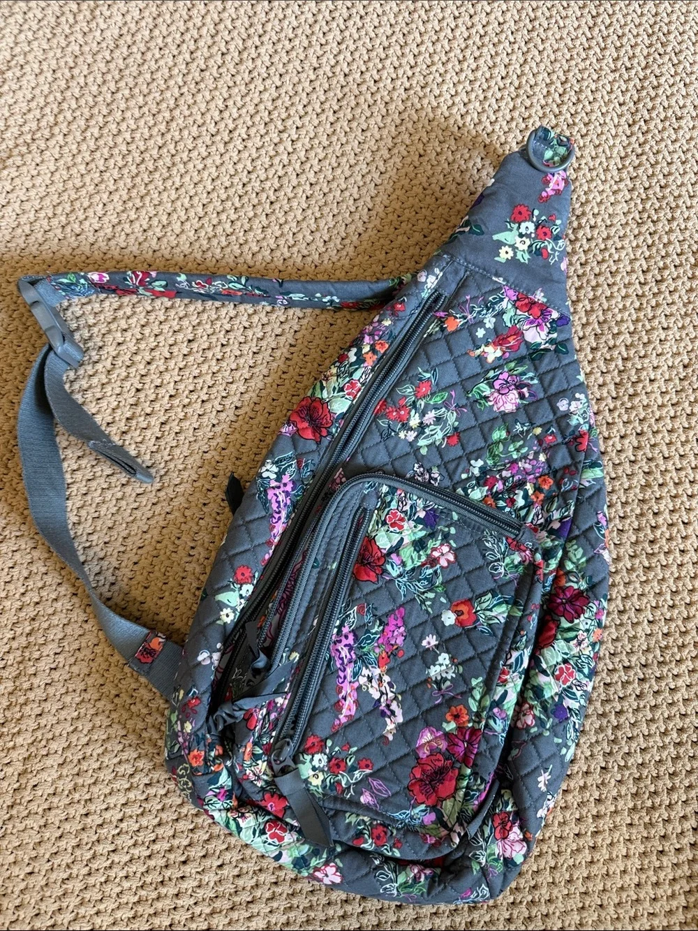 Vera Bradley Gray Quilted Floral Sling Backpack with Pink & Red Accents NWOT